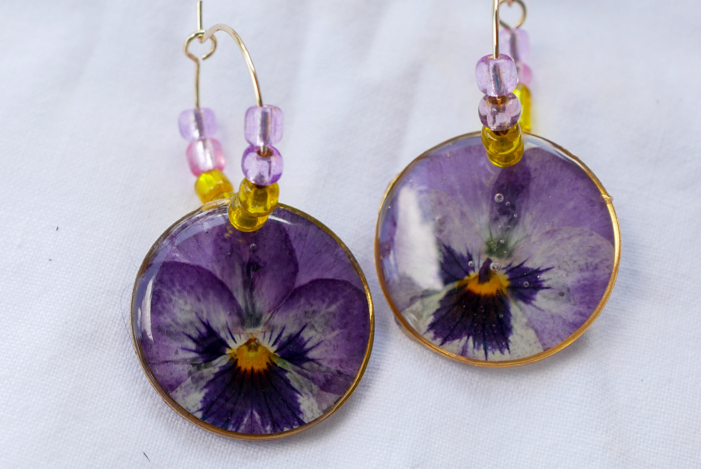 Dainty Beaded Pressed Pansy Hoop Earrings