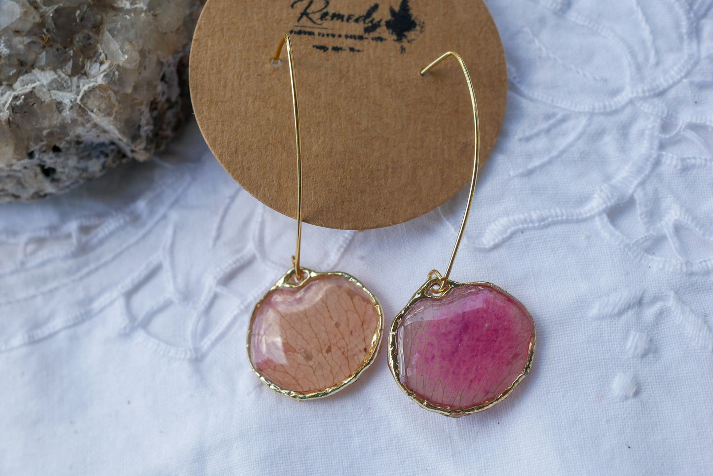 Pink Rose Petal Long Dangle Earrings – Real Pressed Rose Petal Botanical Earrings