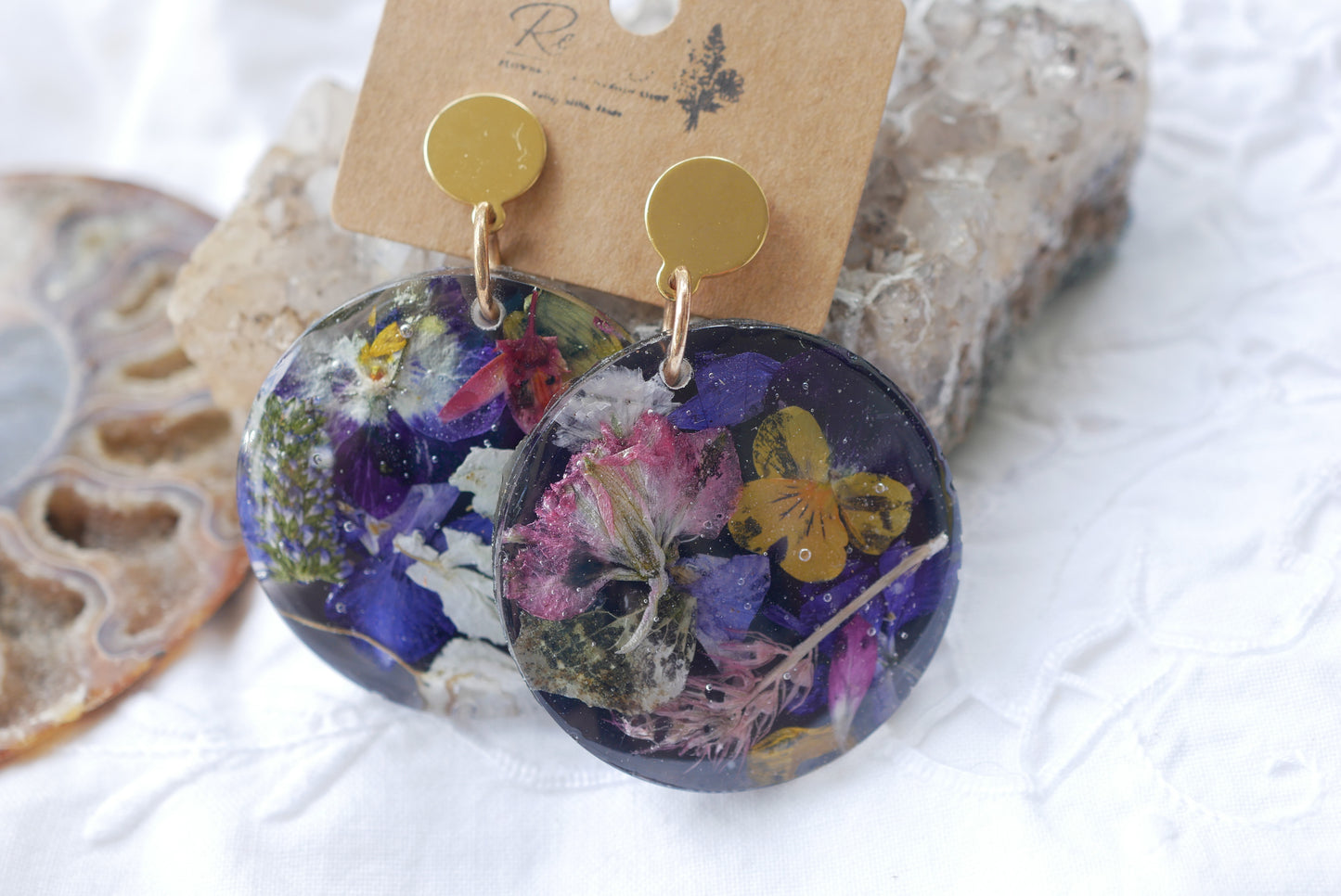 Large Black Pressed Flower Disc Earrings – Real Botanical Statement Earrings – Gold Circle Studs or Hooks