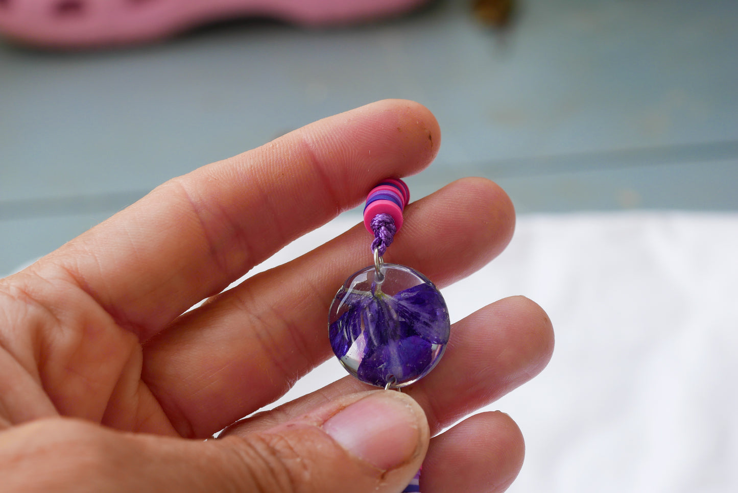 Purple Larkspur Beaded Adjustable Bracelet – Real Pressed Flower Bracelet – July Birth Flower Jewelry