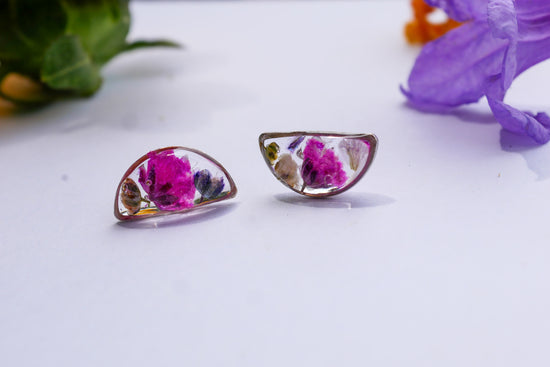Dainty Pressed Flower Half-Moon Earrings – Real Rainbow Baby’s Breath – Gold or Silver – Lightweight Resin Earrings