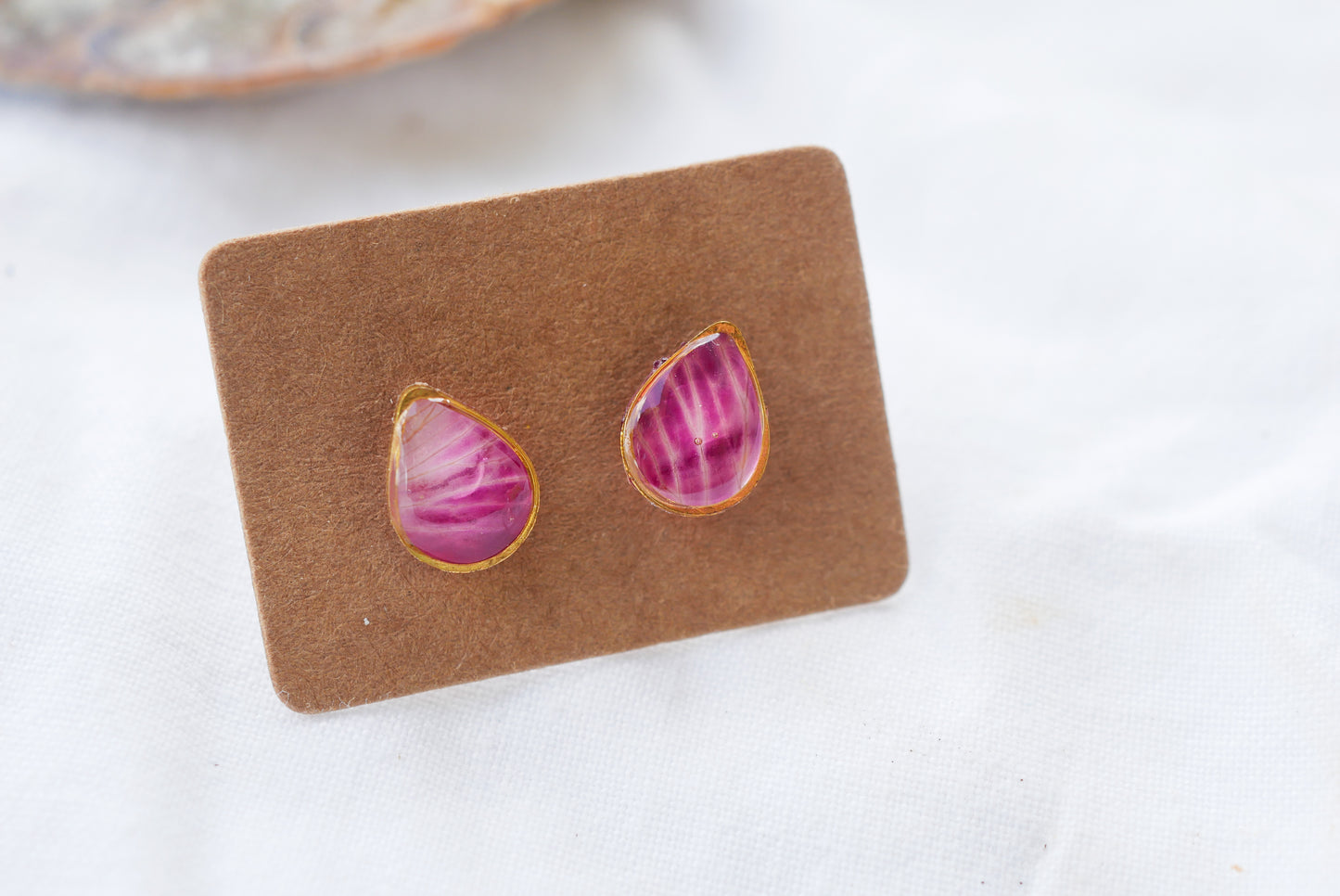 Tiny bright pink rose petal teardrop studs