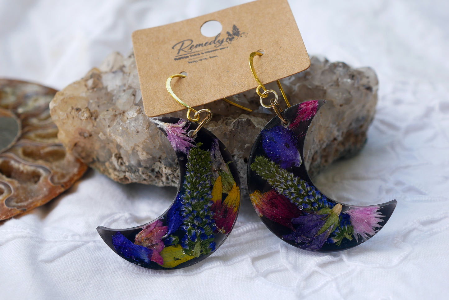 Colorful Pressed Flower Moon Dangle Earrings – Real Botanical Crescent Moon Earrings – Celestial Statement Jewelry