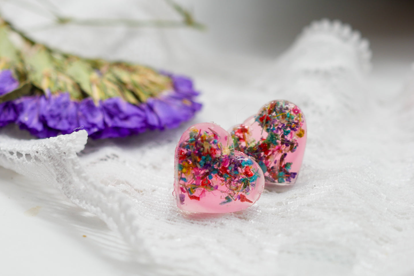 Pink Flower Confetti Heart Stud Earrings – Hypoallergenic, Metal-Free, Handmade with Real Flowers