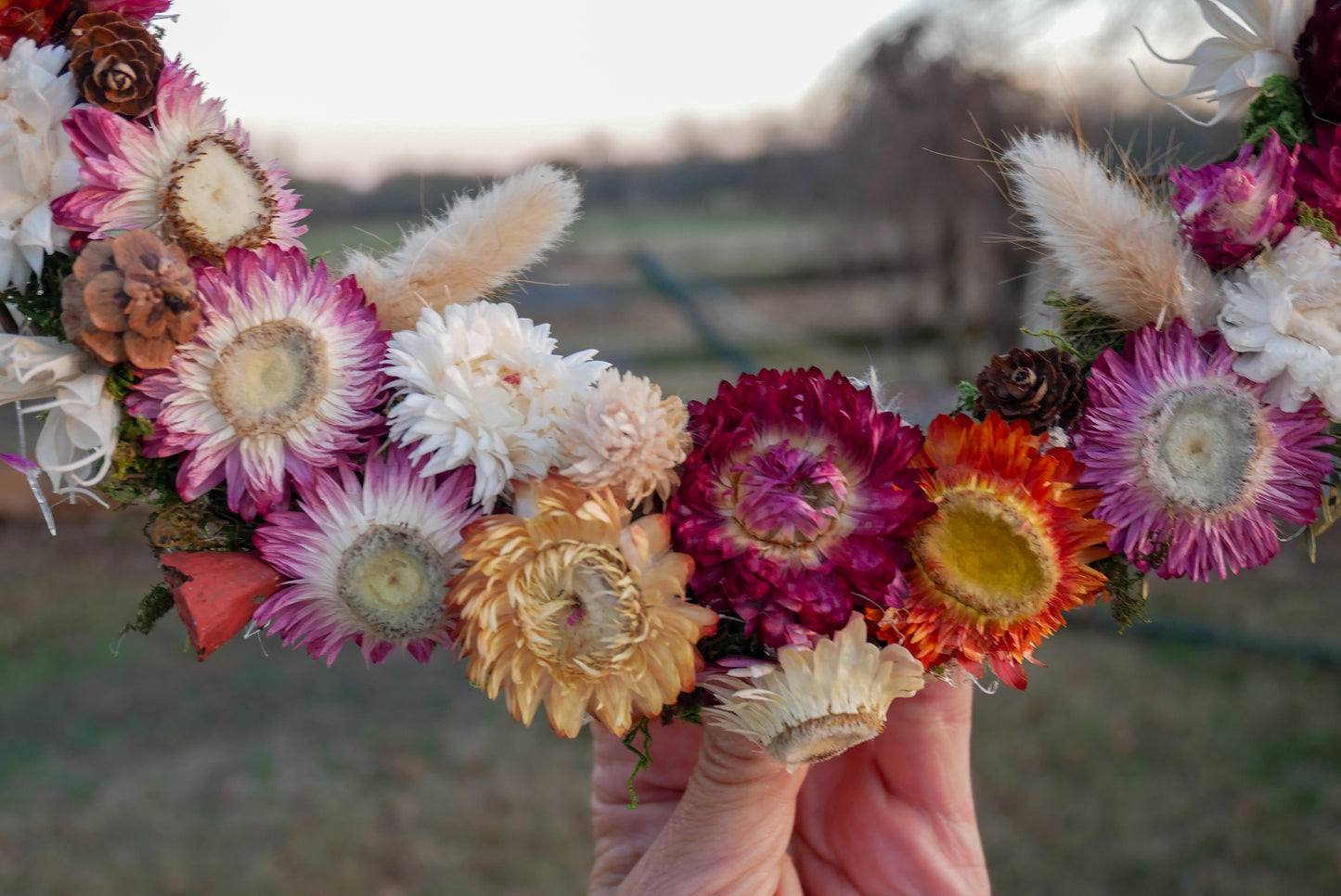 Crescent Moon Dried Flower Wreath – Rustic Cottagecore Decor