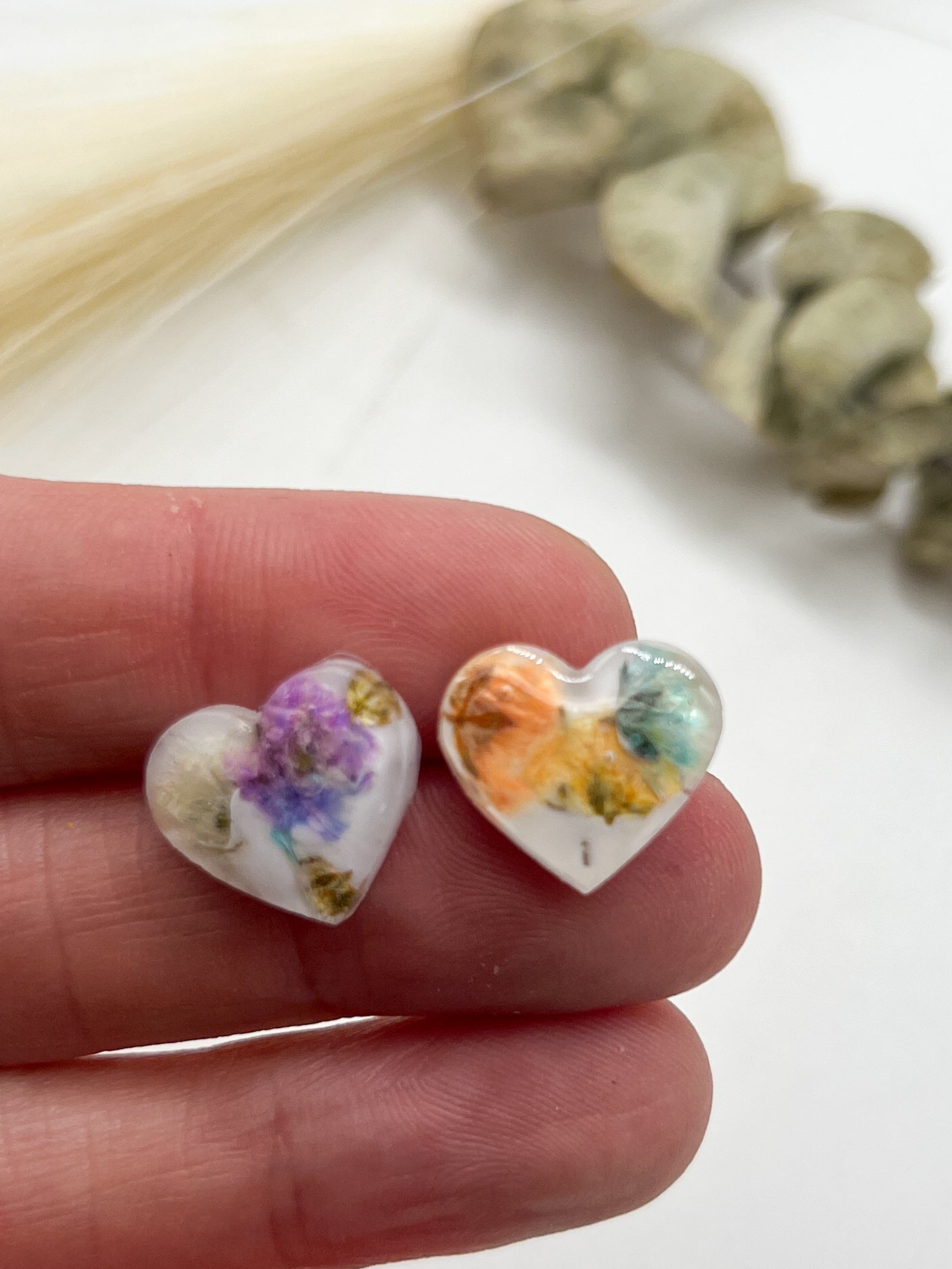 Tiny rainbow baby's breath heart studs