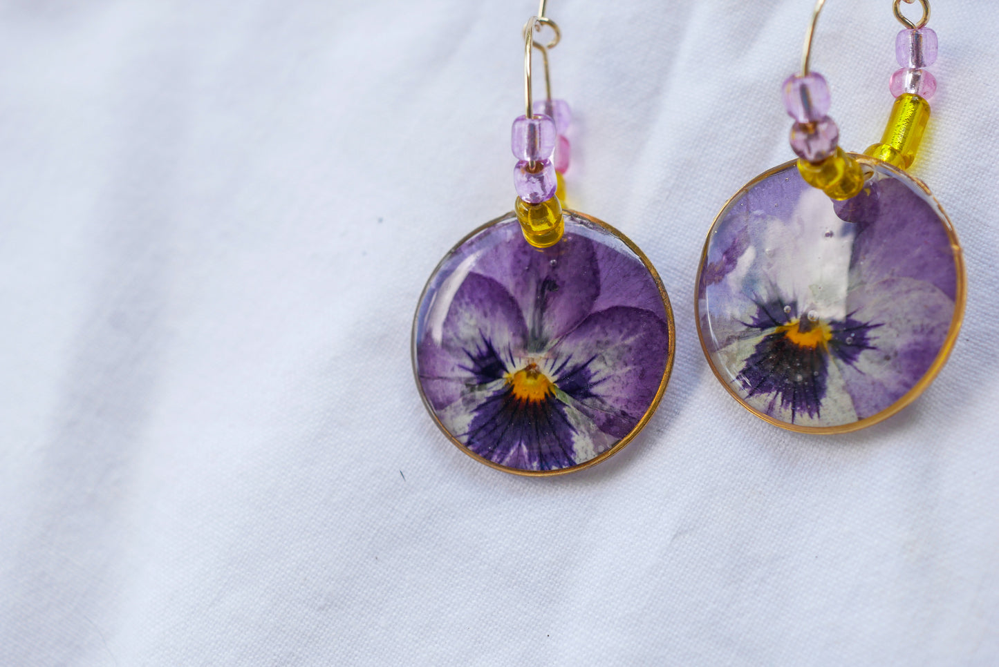 Dainty Beaded Pressed Pansy Hoop Earrings