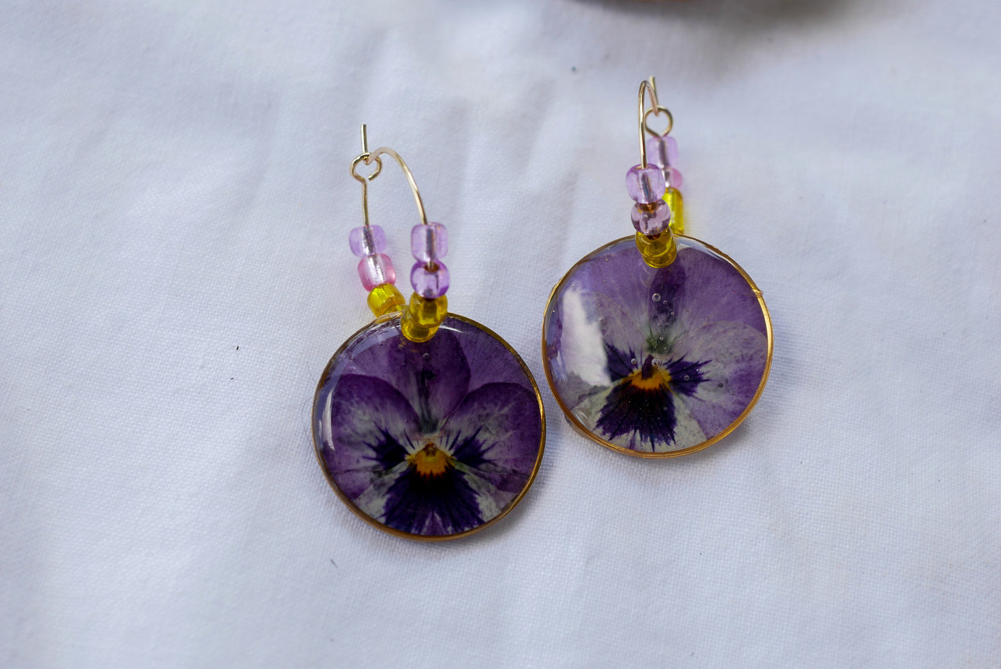 Dainty Beaded Pressed Pansy Hoop Earrings