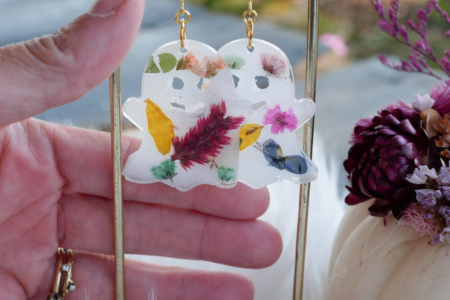 Pressed flower ghost earrings