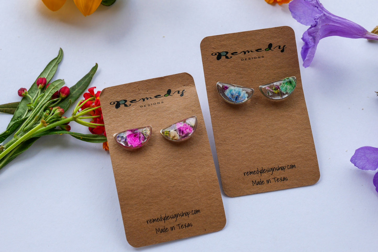 Dainty Pressed Flower Half-Moon Earrings – Real Rainbow Baby’s Breath – Gold or Silver – Lightweight Resin Earrings