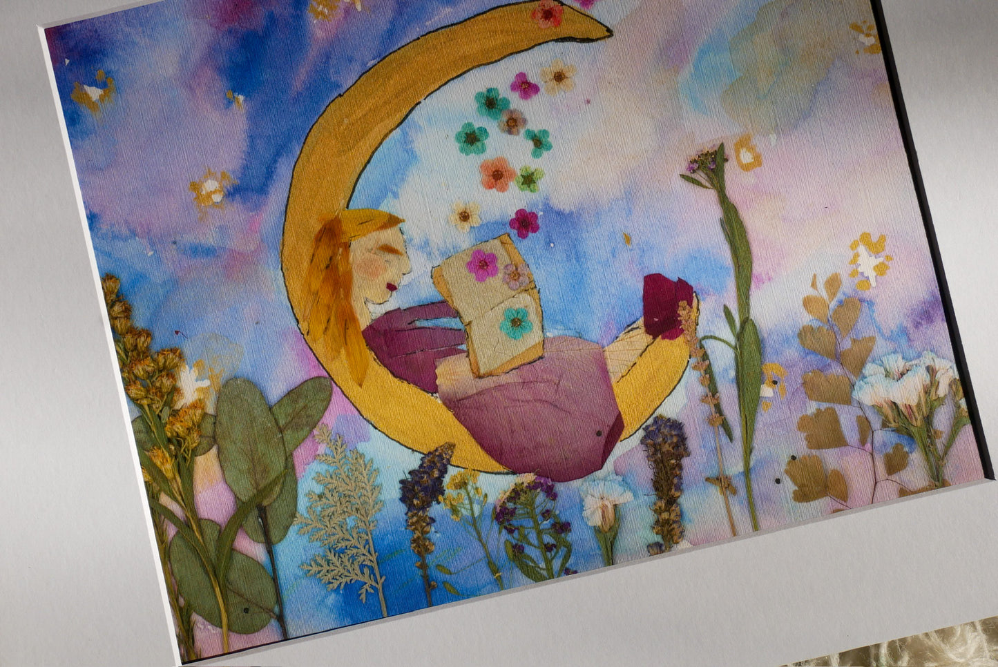 Pressed Flower Moon Reader Print - Girl Reading, Floral Design