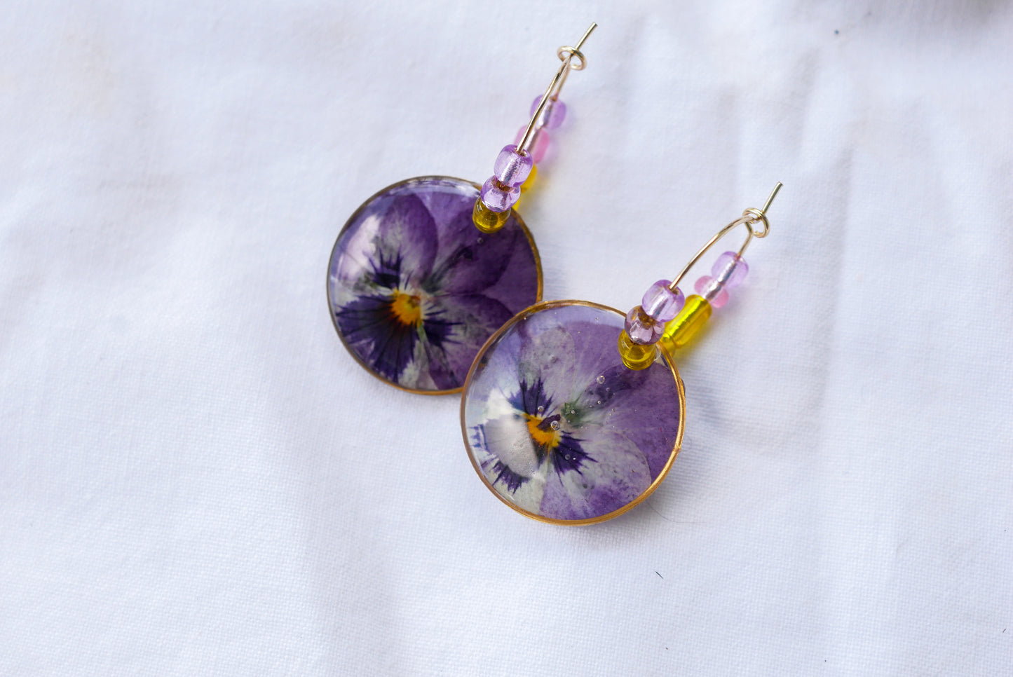 Dainty Beaded Pressed Pansy Hoop Earrings