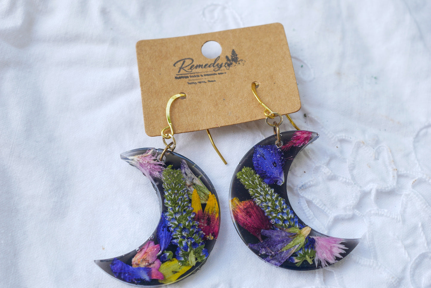 Colorful Pressed Flower Moon Dangle Earrings – Real Botanical Crescent Moon Earrings – Celestial Statement Jewelry