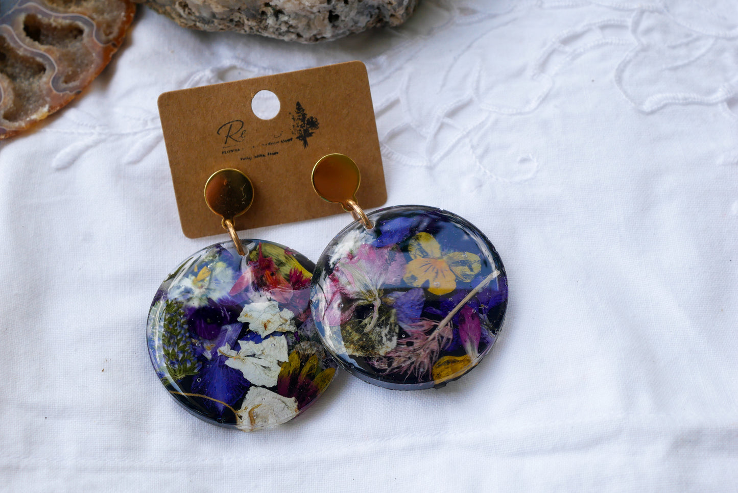 Large Black Pressed Flower Disc Earrings – Real Botanical Statement Earrings – Gold Circle Studs or Hooks