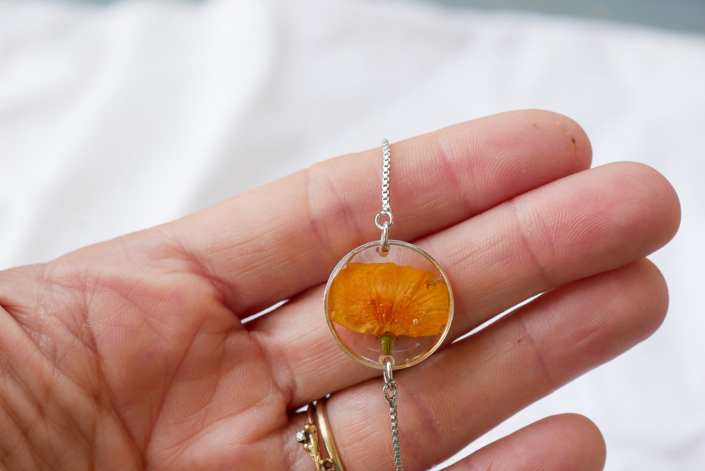 California Poppy Adjustable Bolo Bracelet – Real Pressed Flower Bracelet – Gold or Silver Stainless Steel