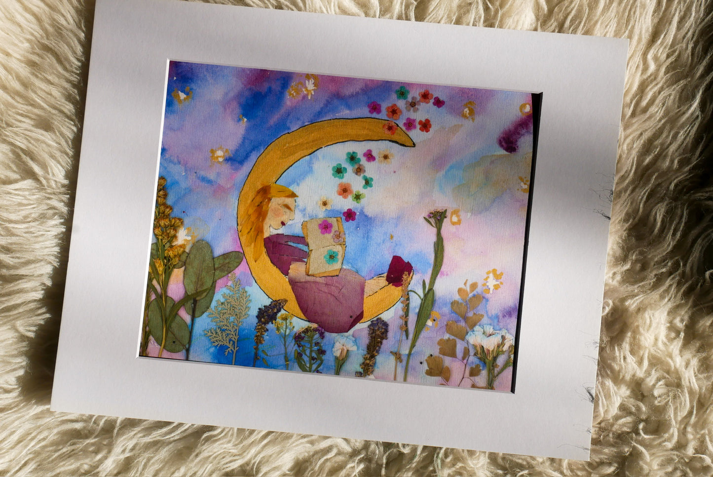 Pressed Flower Moon Reader Print - Girl Reading, Floral Design