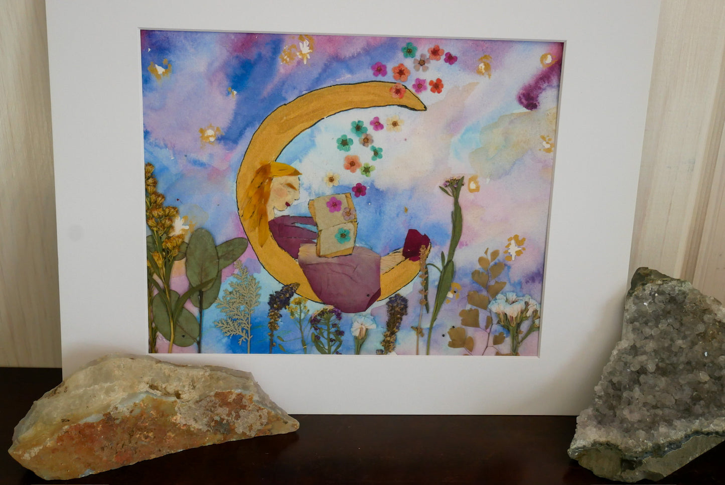 Pressed Flower Moon Reader Print - Girl Reading, Floral Design