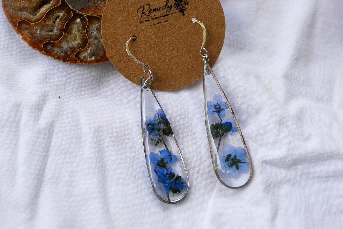 Pressed Forget-Me-Not Long Teardrop Earrings