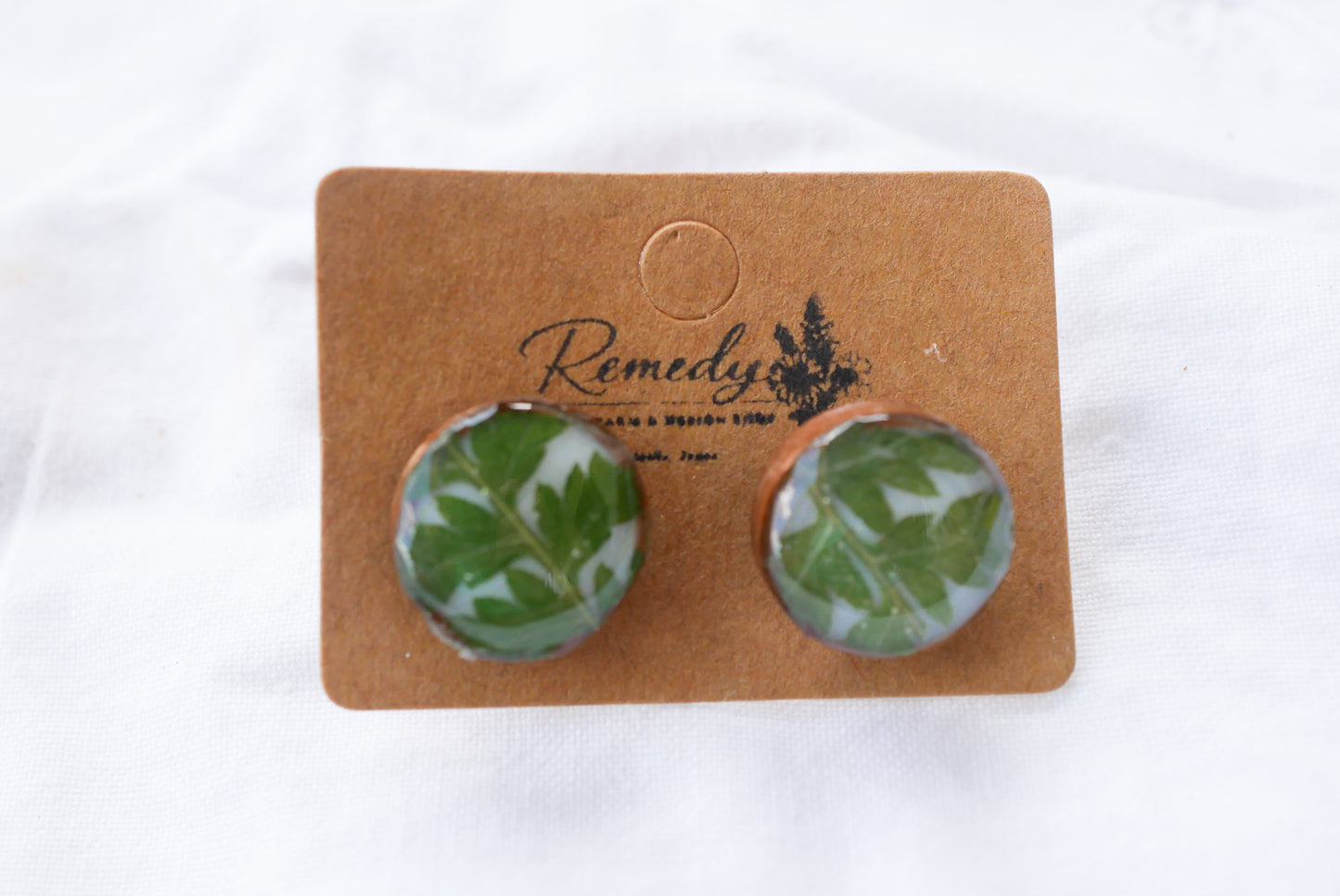 Tiny Pressed Fern & Wood Stud Earrings