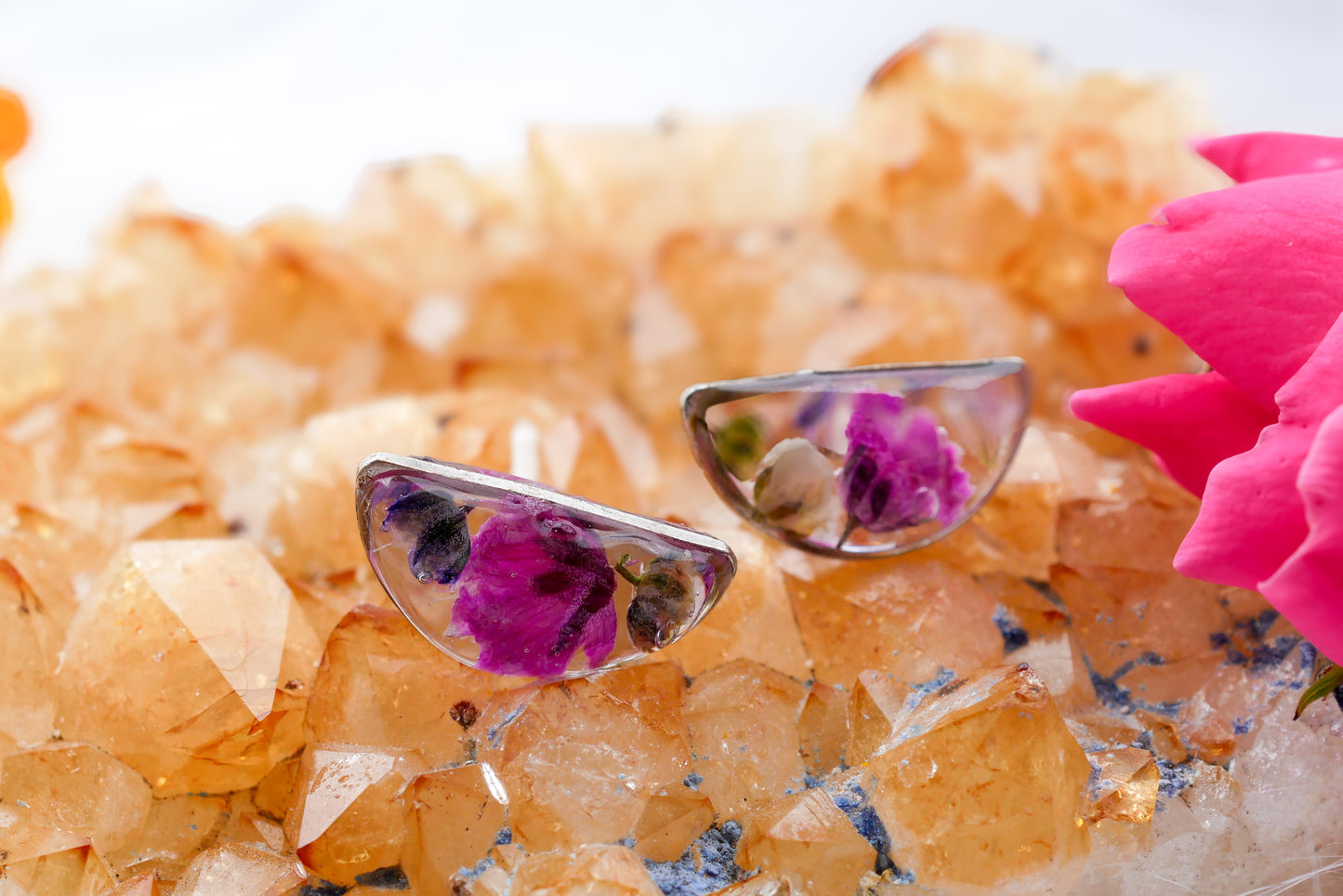 Dainty Pressed Flower Half-Moon Earrings – Real Rainbow Baby’s Breath – Gold or Silver – Lightweight Resin Earrings