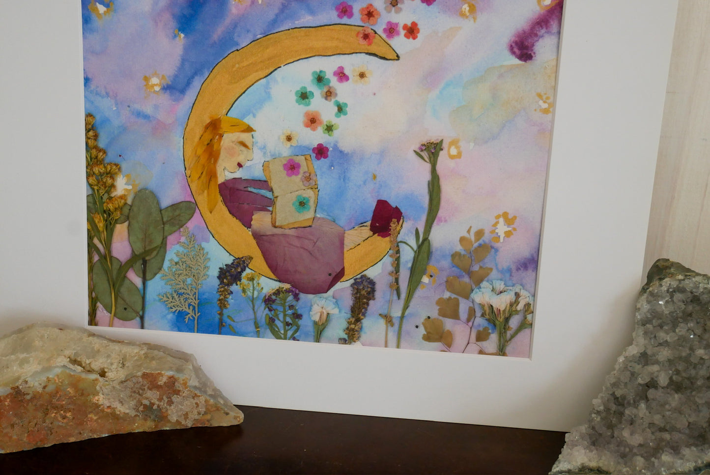 Pressed Flower Moon Reader Print - Girl Reading, Floral Design