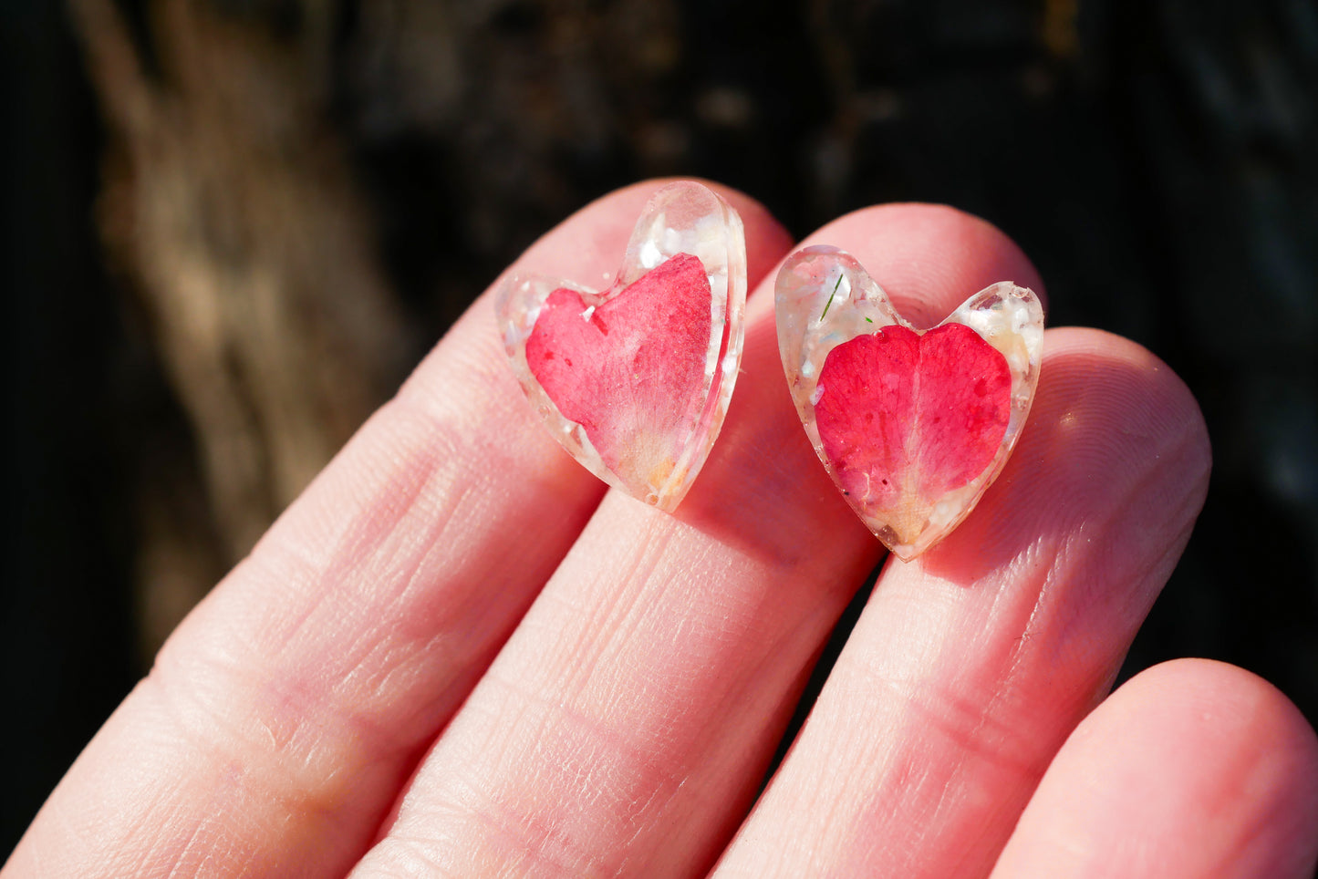 Rose petal and crushed mother of pearl heart stud earrings