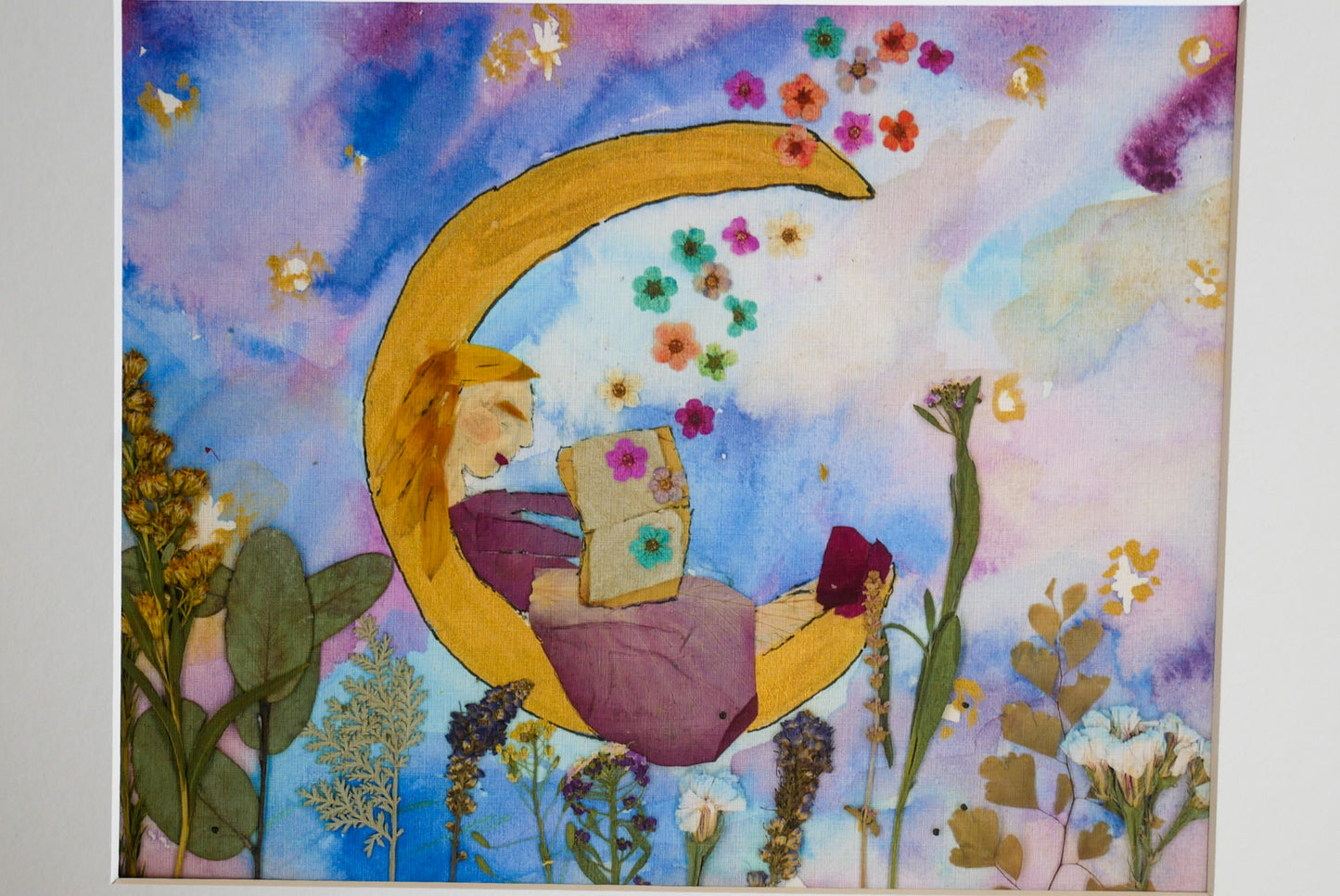 Pressed Flower Moon Reader Print - Girl Reading, Floral Design