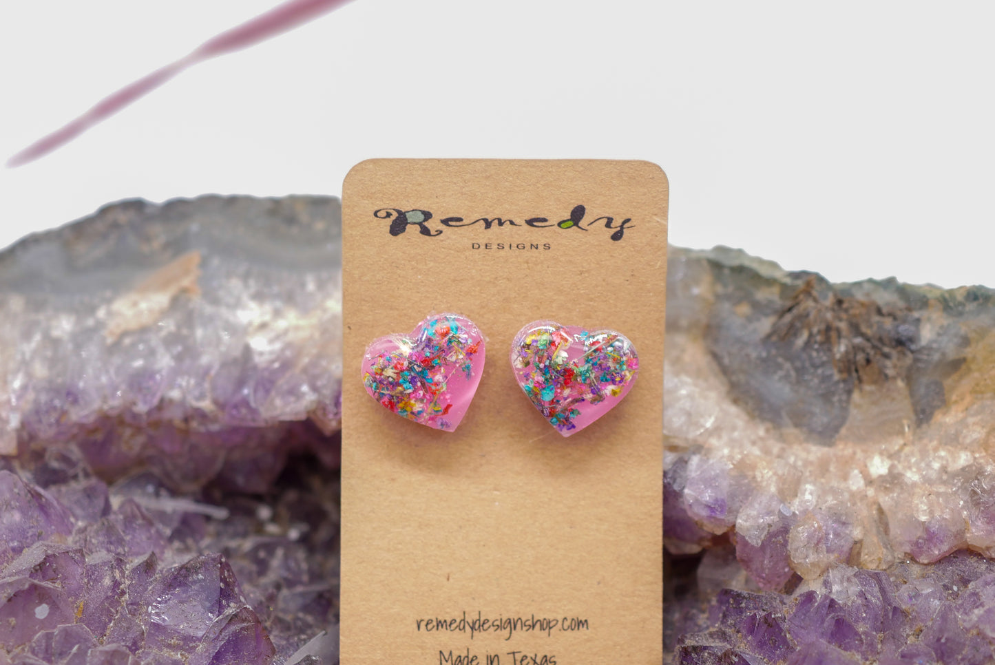 Pink Flower Confetti Heart Stud Earrings – Hypoallergenic, Metal-Free, Handmade with Real Flowers