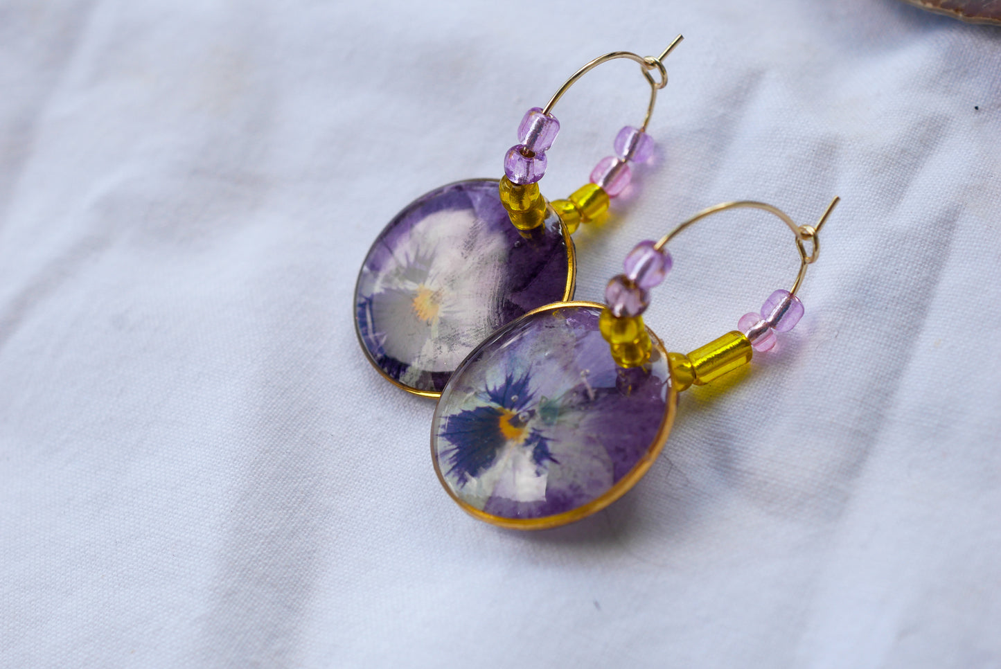 Dainty Beaded Pressed Pansy Hoop Earrings