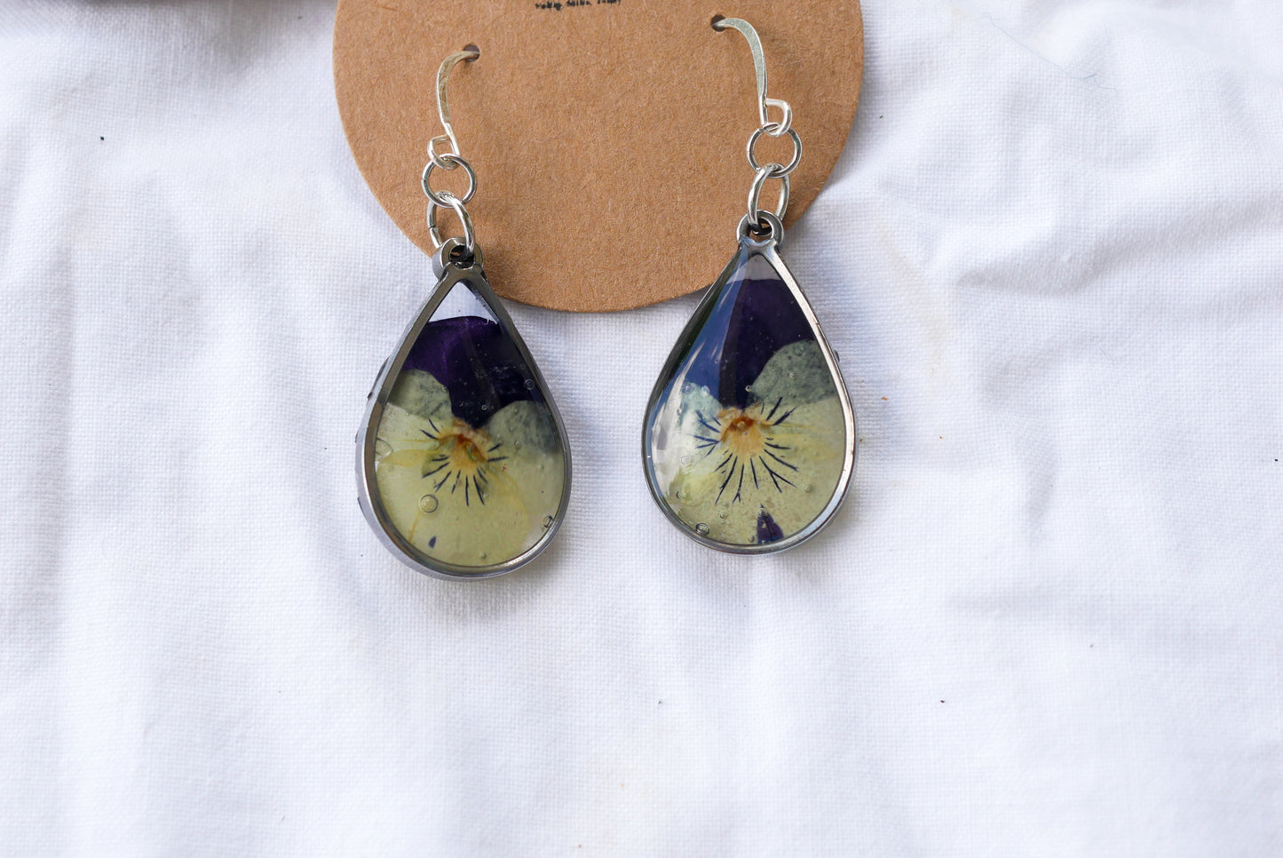 Pressed pansy  teardrop earrings