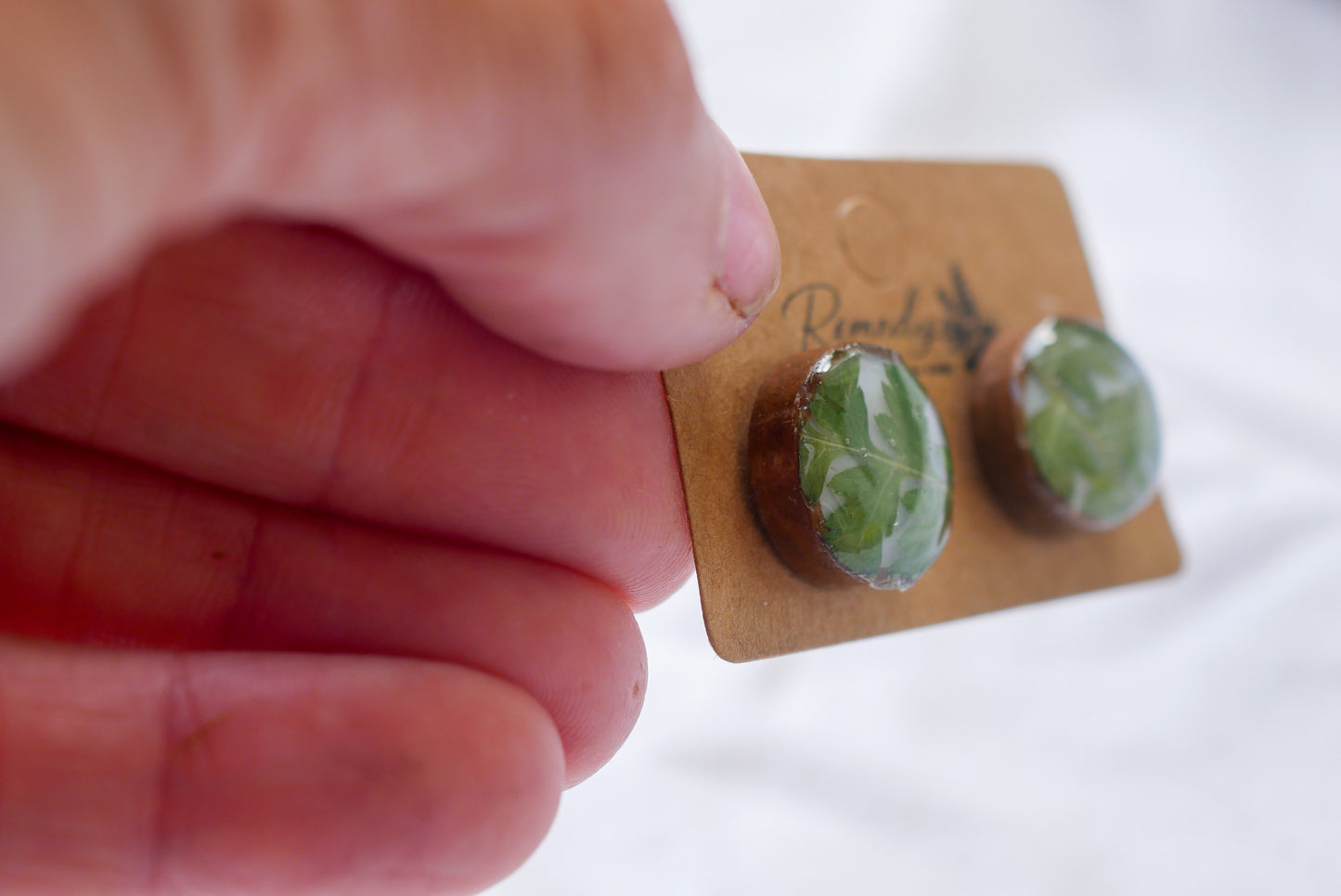 Tiny Pressed Fern & Wood Stud Earrings