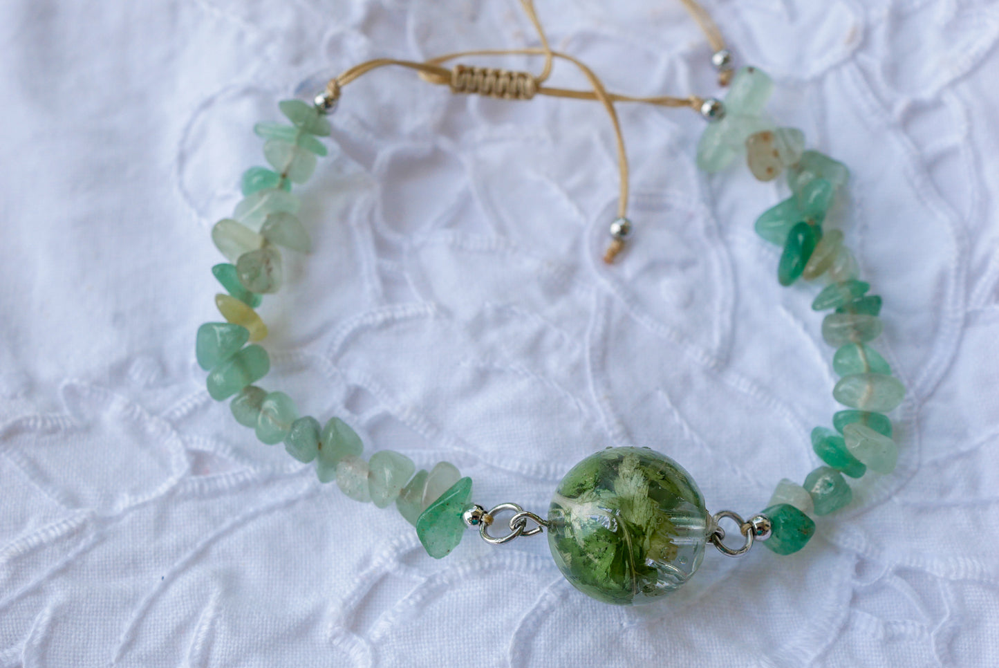 Green Aventurine & Moss Adjustable Bracelet – Real Moss Resin Bead – Nature-Inspired Gemstone Bracelet