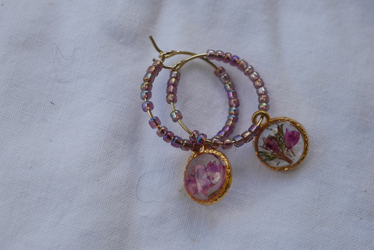 Dainty beaded pressed heather hoop earrings