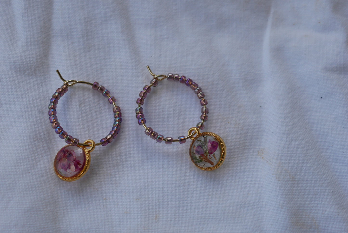 Dainty beaded pressed heather hoop earrings