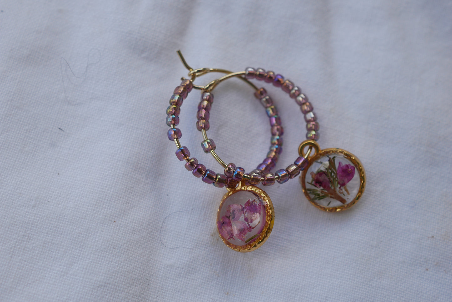 Dainty beaded pressed heather hoop earrings