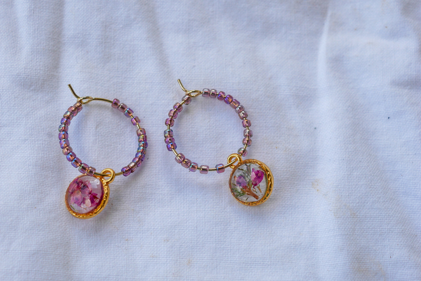 Dainty beaded pressed heather hoop earrings