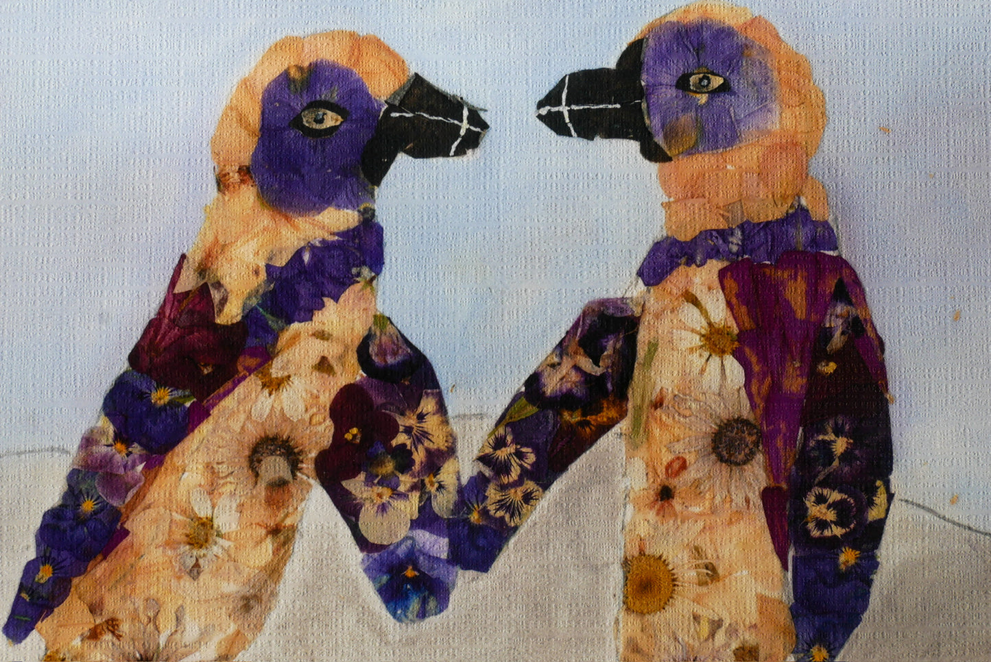 two colorful birds with vibrant feathers, standing close together and facing each other.