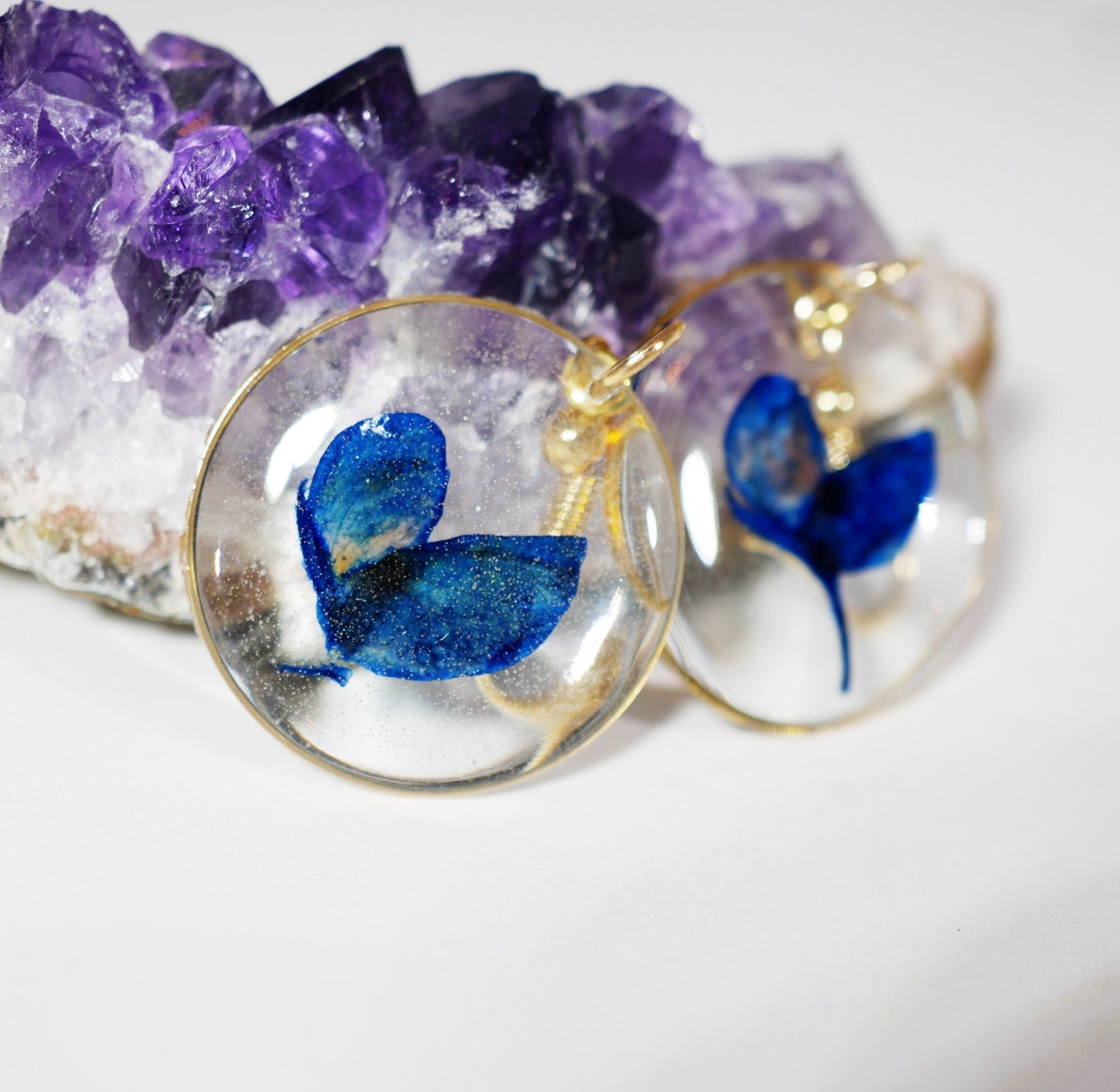Pressed Bluebonnet Earrings, Real Flowers, Gold Dangles (Handmade)