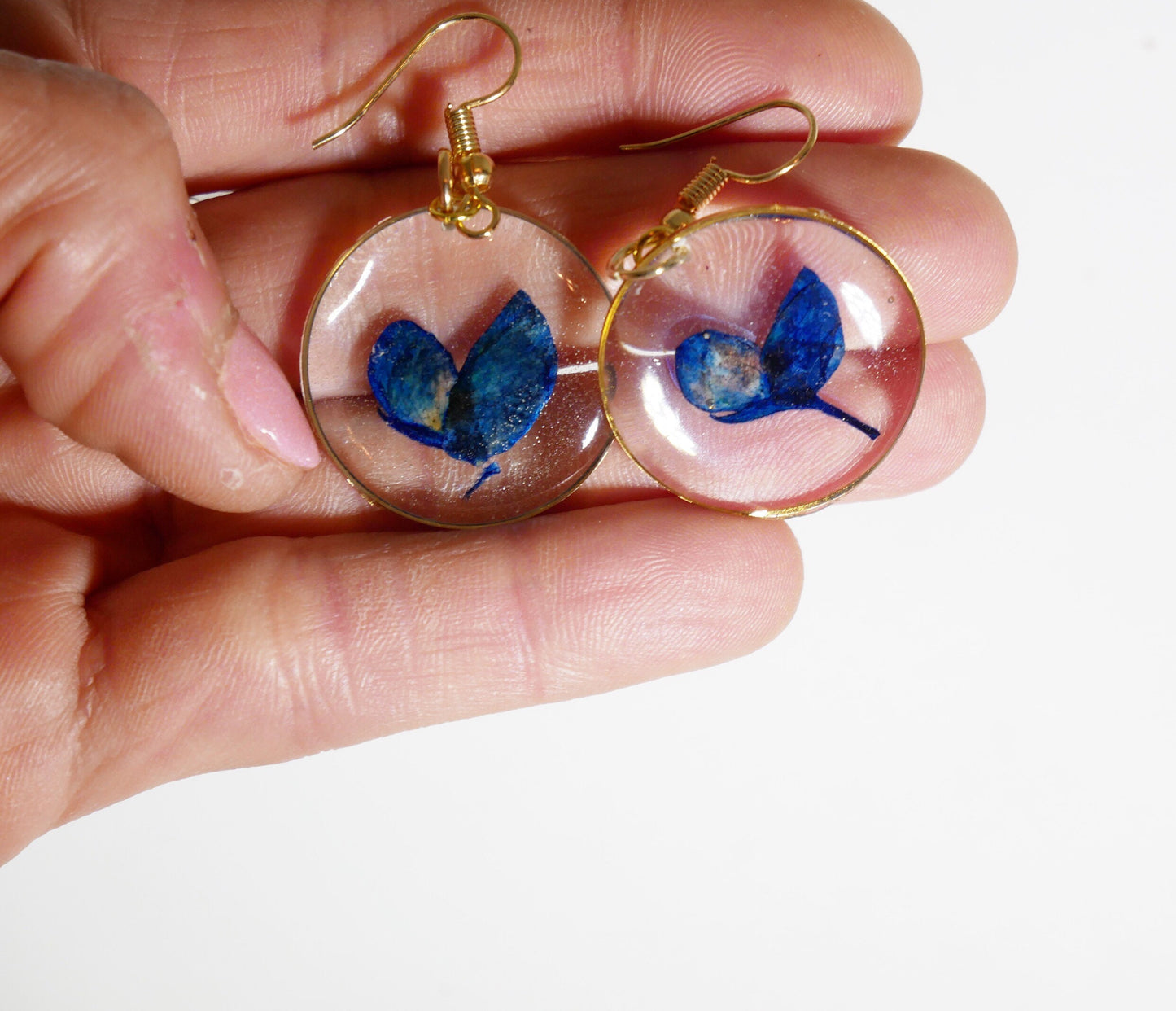 Pressed Bluebonnet Earrings, Real Flowers, Gold Dangles (Handmade)