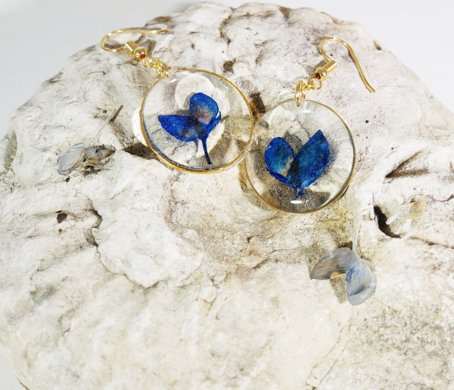 Pressed Bluebonnet Earrings, Real Flowers, Gold Dangles (Handmade)