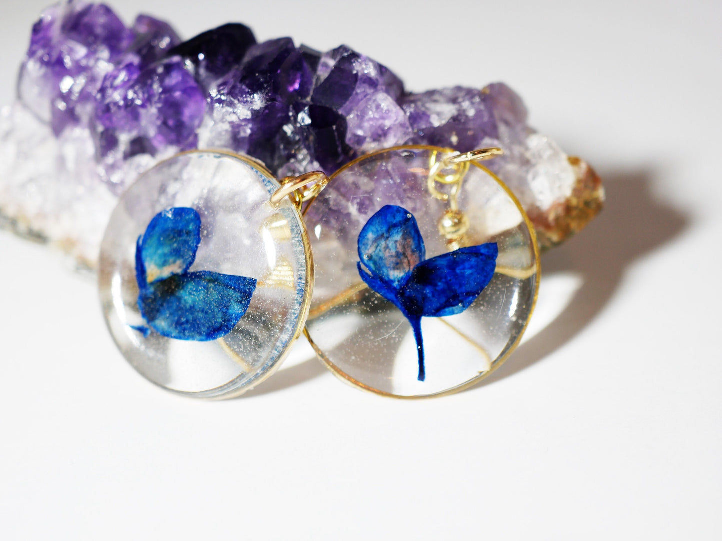 Pressed Bluebonnet Earrings, Real Flowers, Gold Dangles (Handmade)