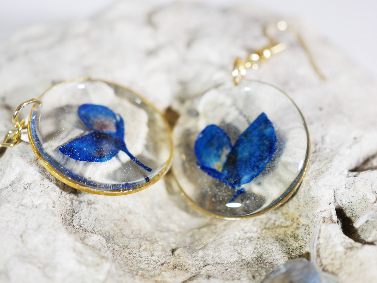 Pressed Bluebonnet Earrings, Real Flowers, Gold Dangles (Handmade)