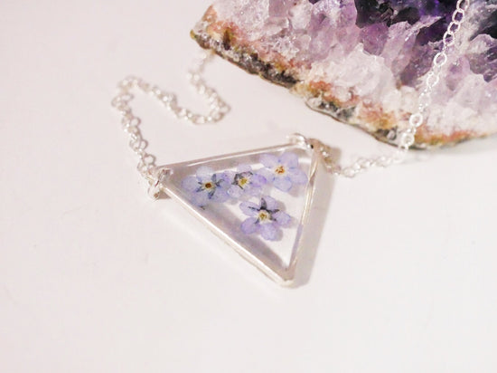 Forget me Not Triangle necklace, Pressed Flower jewelry, Memorial flower necklace