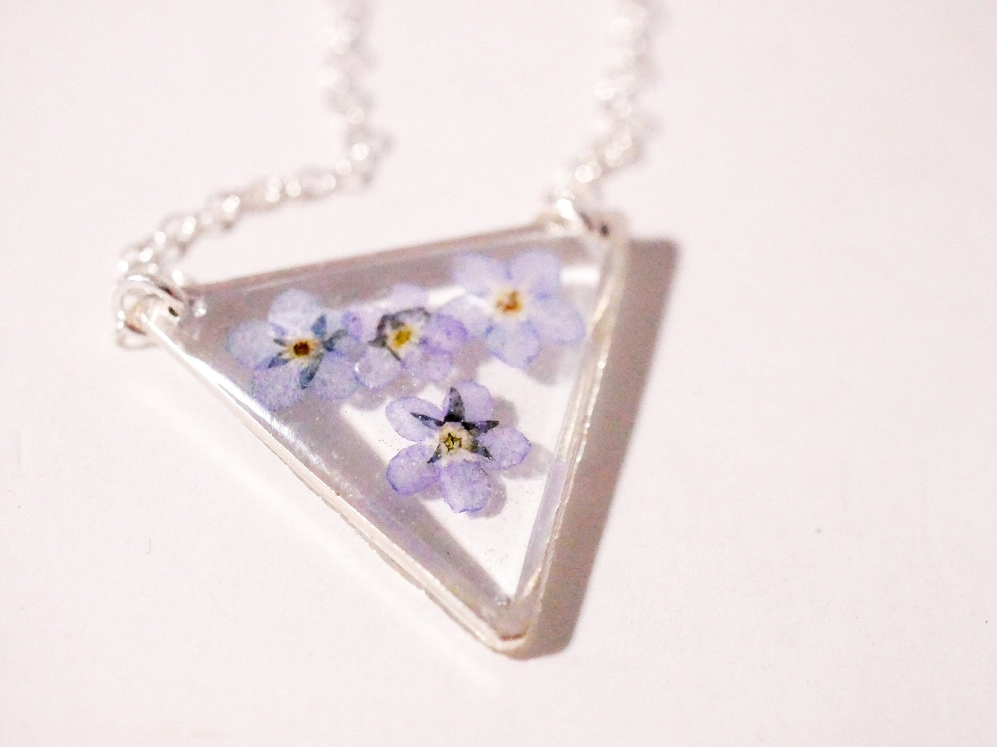 Forget me Not Triangle necklace, Pressed Flower jewelry, Memorial flower necklace
