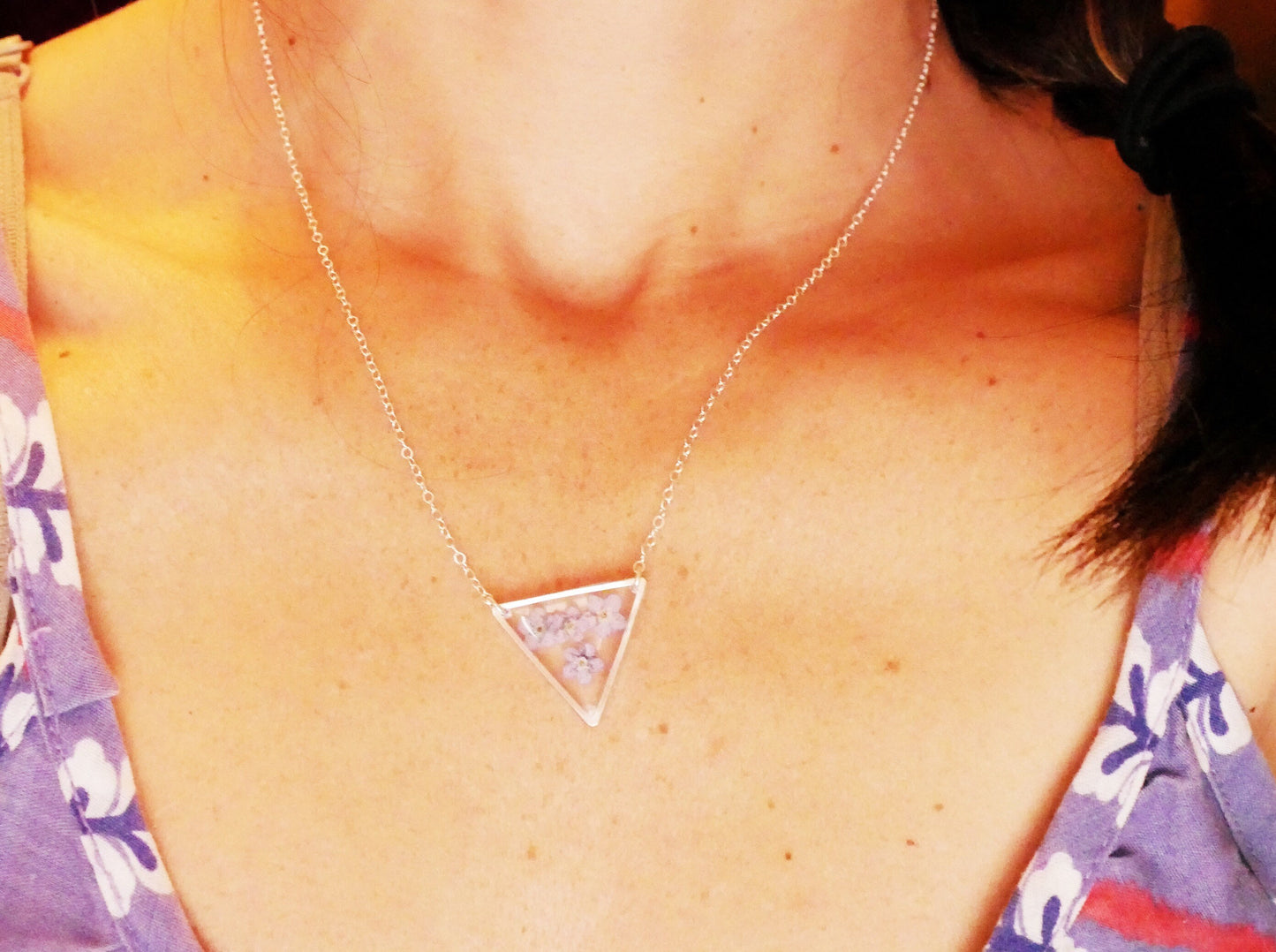 Forget me Not Triangle necklace, Pressed Flower jewelry, Memorial flower necklace