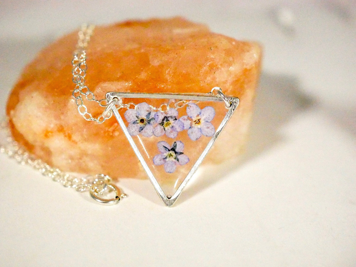 Forget me Not Triangle necklace, Pressed Flower jewelry, Memorial flower necklace
