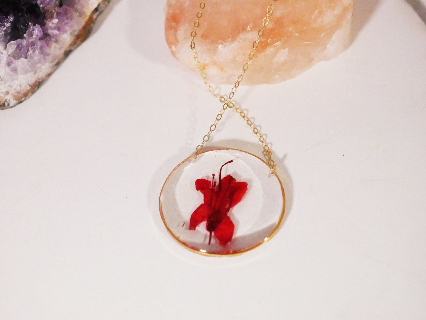Pressed azalea necklace, Red azalea necklace, real flower necklace Flower terrarium preserved flowers pressed flower jewelry