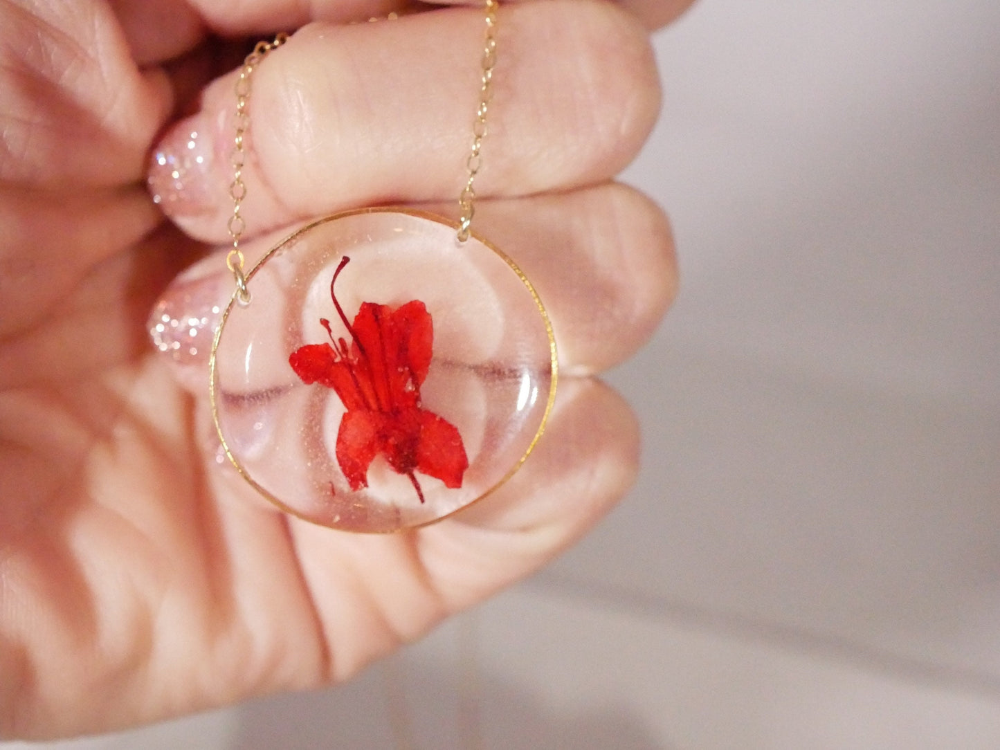 Pressed azalea necklace, Red azalea necklace, real flower necklace Flower terrarium preserved flowers pressed flower jewelry