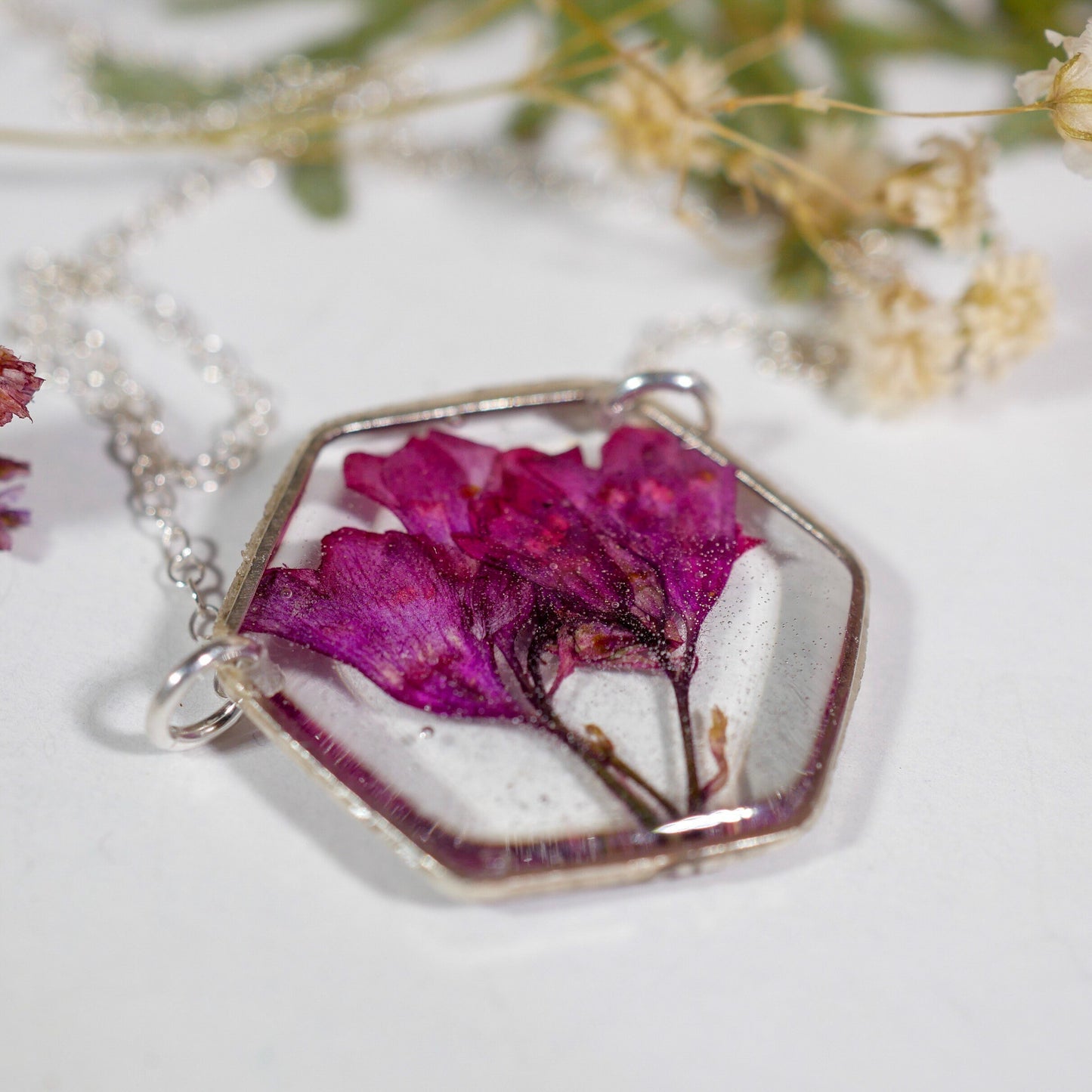 Pressed flower jewelry, coral bell necklace, sterling silver flower, preserved nature, real flower necklace, coral bells, resin