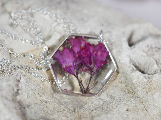 Pressed flower jewelry, coral bell necklace, sterling silver flower, preserved nature, real flower necklace, coral bells, resin